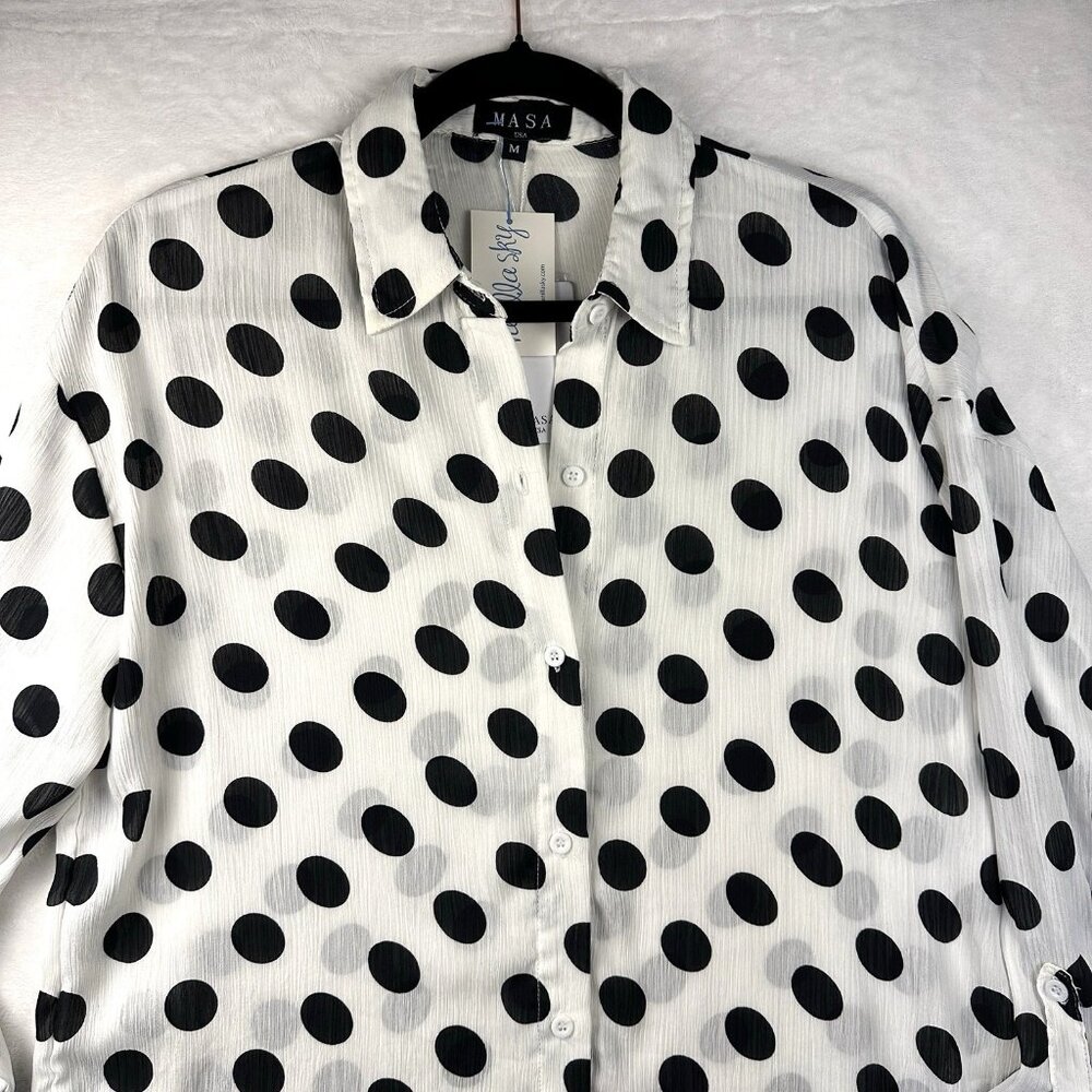 MASA USA Polka Dot Button Down Tunic Blouse Size M Longline Coastal Beach Top - Picture 4 of 10